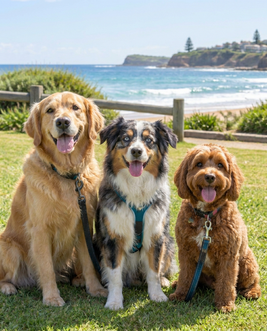 Three dogs sitting together on the grass at a Northern Beaches lookout