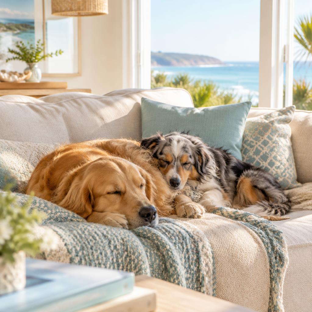 Two dogs relaxing on a couch at home during an overnight stay
